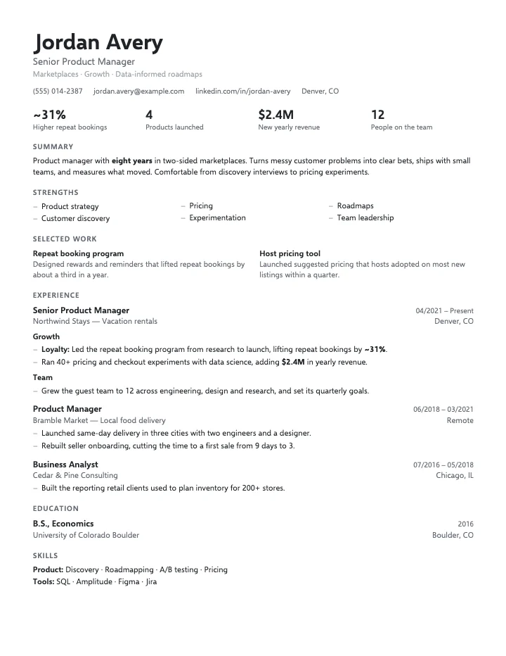 The Minimal template, filled in for a made-up product manager